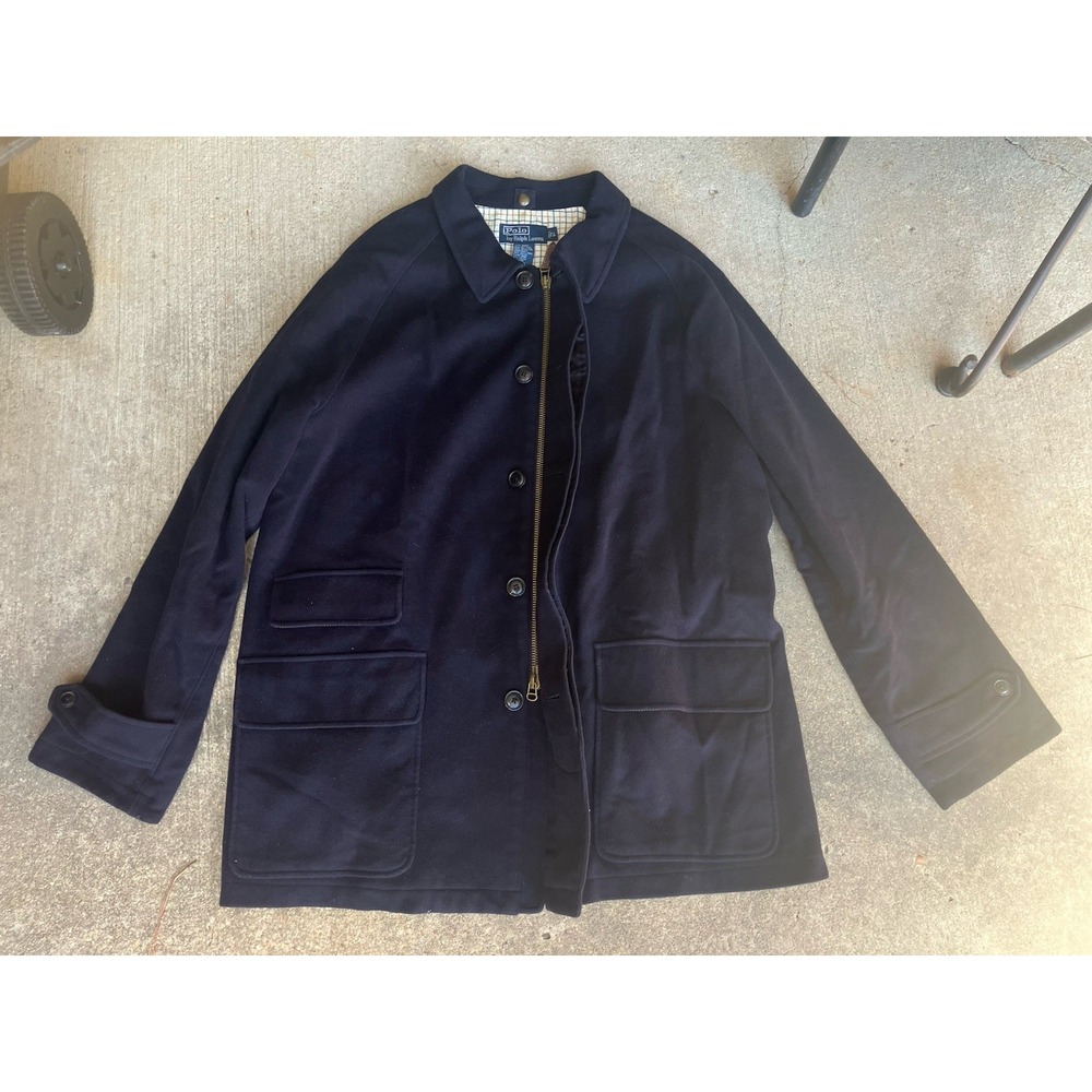 VTG POLO RALPH LAUREN NAVY BLUE HUNTING BARN FIELD CHORE JACKET COAT MENS L Wool